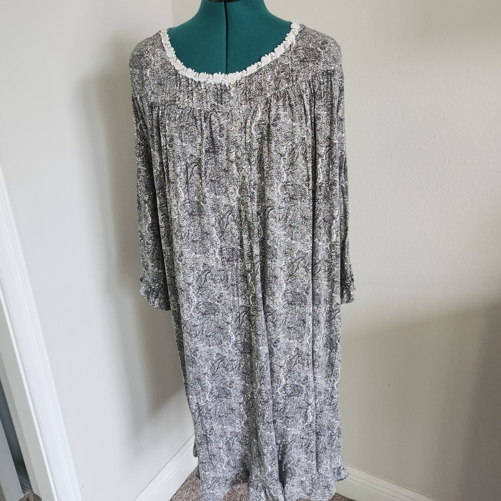 Eileen West VTG Traditional Nightgown Size XL Modal 3/4 Sleeves Lace Rose Trim